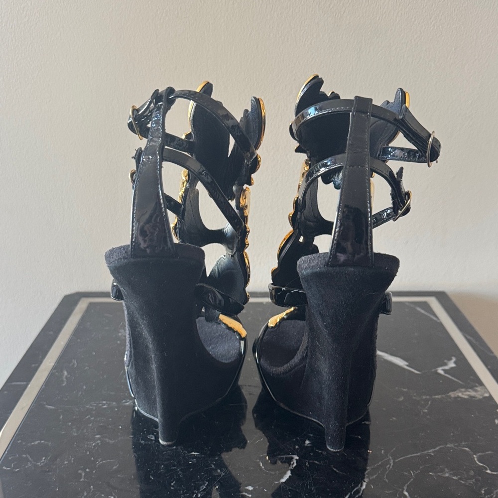 Giuseppe Zanotti Rare Coline Cruel Summer Wing Black Gold Leaf Wedge Sandals 39 - Picture 4 of 5